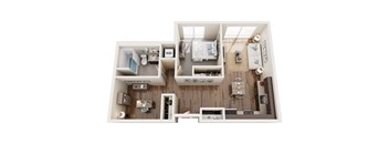 A top-down view of a small apartment with a bedroom, living room, and kitchen.