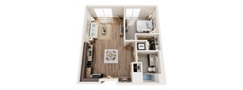 A top-down view of a small apartment with a kitchen, living room, and bathroom.
