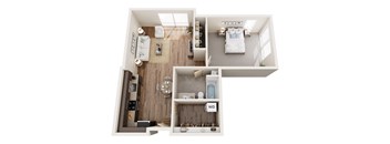 A top down view of a small apartment with a kitchen, living room, and bedroom.
