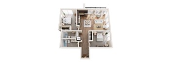 A top-down view of a small apartment layout with a kitchen, living room, and bathroom.