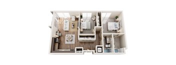 A top-down view of a small apartment with a kitchen, living room, and bedroom.