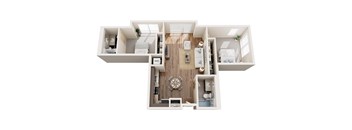 A floor plan of a house with a living room, kitchen, and two bedrooms.