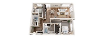 A top-down view of a small, neatly organized apartment with a bedroom, living room, and kitchen area.
