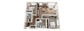 A top down view of a small apartment with a bedroom, living room, kitchen, and bathroom.