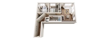 A floor plan of a small apartment with a kitchen, living room, and bedroom.