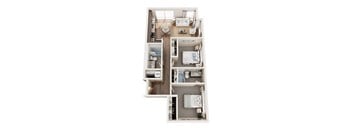 A top down view of a small apartment with a kitchen, living room, and two bedrooms.