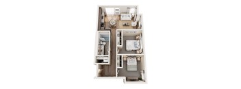 A top down view of a small apartment with a kitchen, living room, and bedroom.
