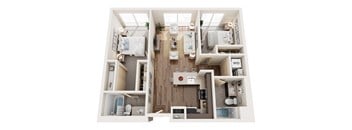 A top-down view of a small apartment with two bedrooms, a living room, and a kitchen.