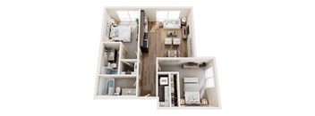 A dollhouse with a white background and a living room, kitchen, and bedroom.