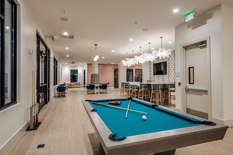 a community room with a pool table and a tv