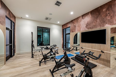 a gym with exercise machines and a large tv on the wall