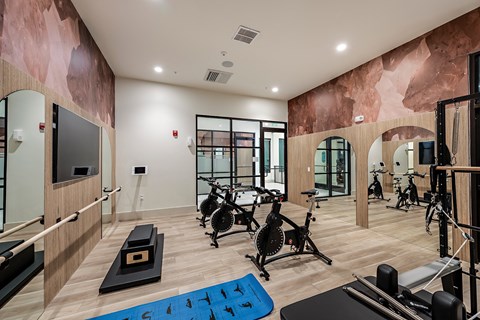 a gym with cardio machines and weights on a wooden floor and a large wall mural