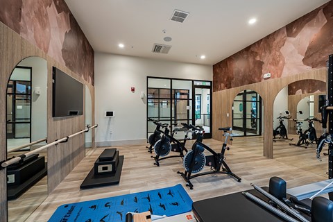 a large room with mirrors and plants on the floor