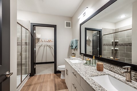a bathroom with a shower and a sink and a mirror