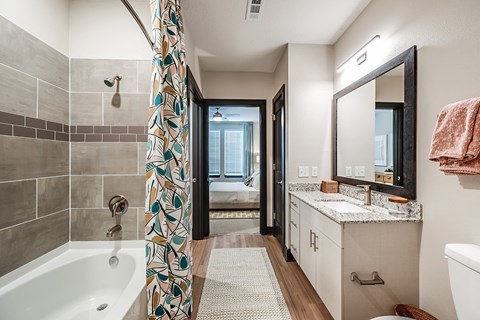 a bathroom with a tub and a sink and a shower
