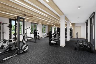 a rendering of a fitness room with exercise equipment and a large window