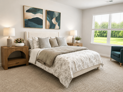 A bedroom with a large bed and two lamps.