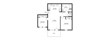 A floor plan of a home with a living room, two bedrooms, a kitchen, a bathroom, a laundry room, and a patio.