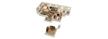 A 3D rendered image of a house layout.