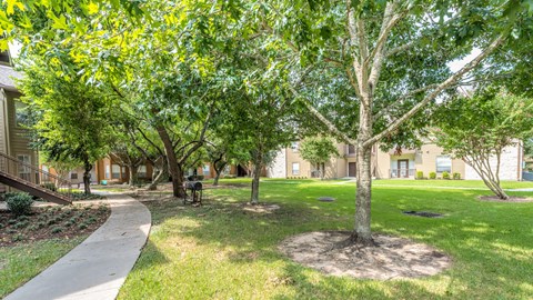 A tree in a grassy area in front of a building.