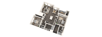 A 3D floor plan of a house with a central courtyard and surrounding rooms.