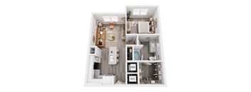 A top-down view of a small apartment with a kitchen, living room, and bathroom.