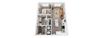 A top-down view of a well-organized apartment with a kitchen, living room, and bathroom.