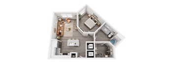 A top-down view of a small apartment with a living room, kitchen, and bathroom.