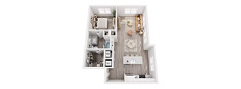 A top-down view of a small, neatly organized apartment with a kitchen, living room, and bedroom.