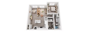 A top-down view of a modern apartment with a kitchen, living room, and bathroom.