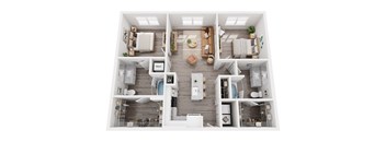 A top-down view of a modern apartment layout with a kitchen, living room, and two bedrooms.