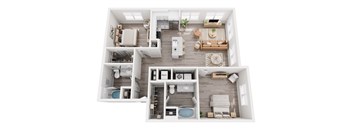 A top-down view of a well-organized apartment with a kitchen, living room, and bathroom.