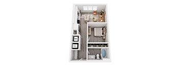 A top down view of a small apartment with a kitchen, living room, and bathroom.