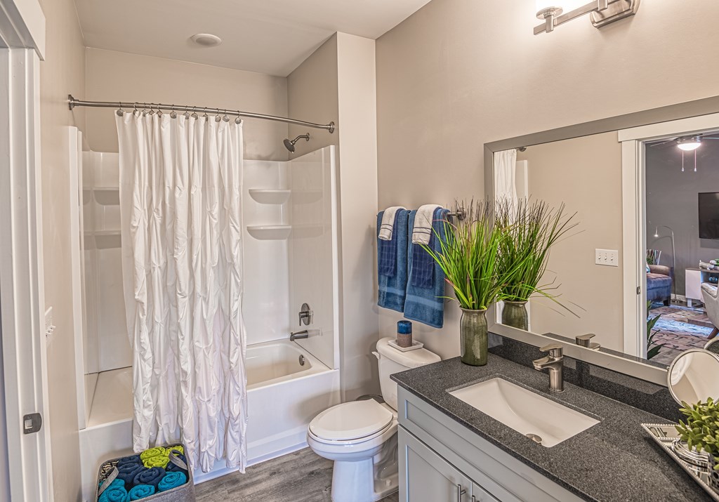A bathroom with a white toilet, a sink, a mirror, and a shower with a white curtain.