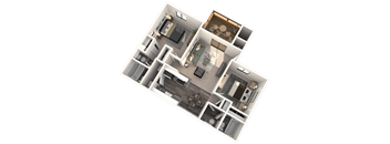 A 3D floor plan of a house with a living room, kitchen, dining room, and multiple bathrooms.