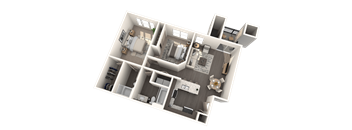 A 3D floor plan of a house with multiple rooms and furniture.