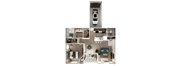 a stylized floor plan of a two bedroom apartment with a car in the garage at The Quarry Alamo Heights, San Antonio, Texas