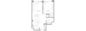 A floor plan of a small apartment with a living room, dining room, kitchen, bedroom, bathroom, and closet.