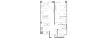 A floor plan of a small apartment with a living room, dining room, kitchen, bedroom, bathroom, and walk-in closet.