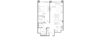 A floor plan of a small apartment with a living room, dining room, kitchen, bedroom, bathroom, and walk-in closet.