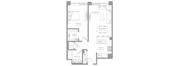 A floor plan of an apartment with a living room, dining room, kitchen, bedroom, bathroom, walk-in closet, and a workspace.