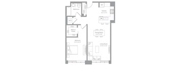 A floor plan of a small apartment with a living room, dining room, kitchen, and bedrooms.