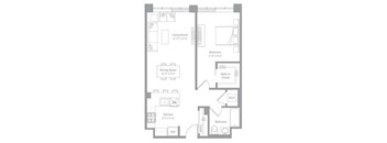 A floor plan of a small apartment with a living room, dining room, kitchen, bedroom, bathroom, and walk-in closet.