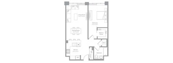 A floor plan of a small apartment with a living room, dining room, kitchen, bedroom, bathroom, and walk-in closet.