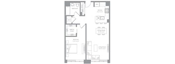 A floor plan of a small apartment with a living room, dining room, kitchen, bedroom, bathroom, and walk-in closet.