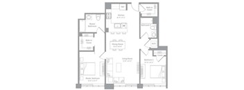 A floor plan of a house with a kitchen, dining room, living room, two bedrooms, a master bathroom, and a walk-in closet.