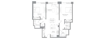 A floor plan of a house with a living room, two bedrooms, a dining room, a kitchen, a bathroom, and a walk-in closet.