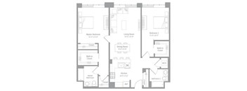A floor plan of a house with a master bedroom, living room, dining room, kitchen, and two bathrooms.