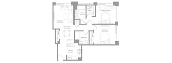 A floor plan of a house with a living room, dining room, kitchen, two bathrooms, a master bedroom, and a bedroom 2.