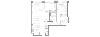 A floor plan of a house with a living room, dining room, kitchen, two bedrooms, and two bathrooms.